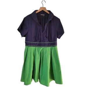 Eshakti Cotton Poplin Navy & Green Colorblock Midi Dress Collared Vneck Sz 3X